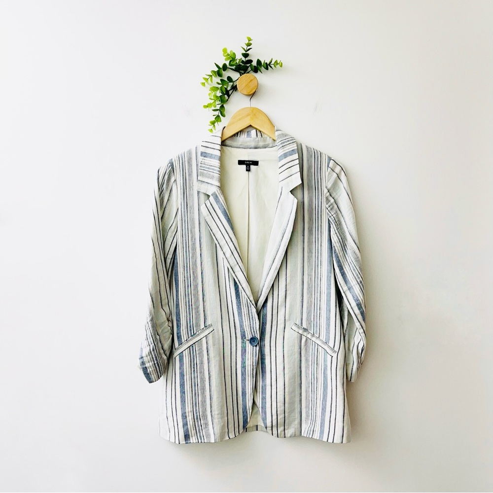 Anthropologie DREW Linen Blend White Blue Striped Catalina Blazer